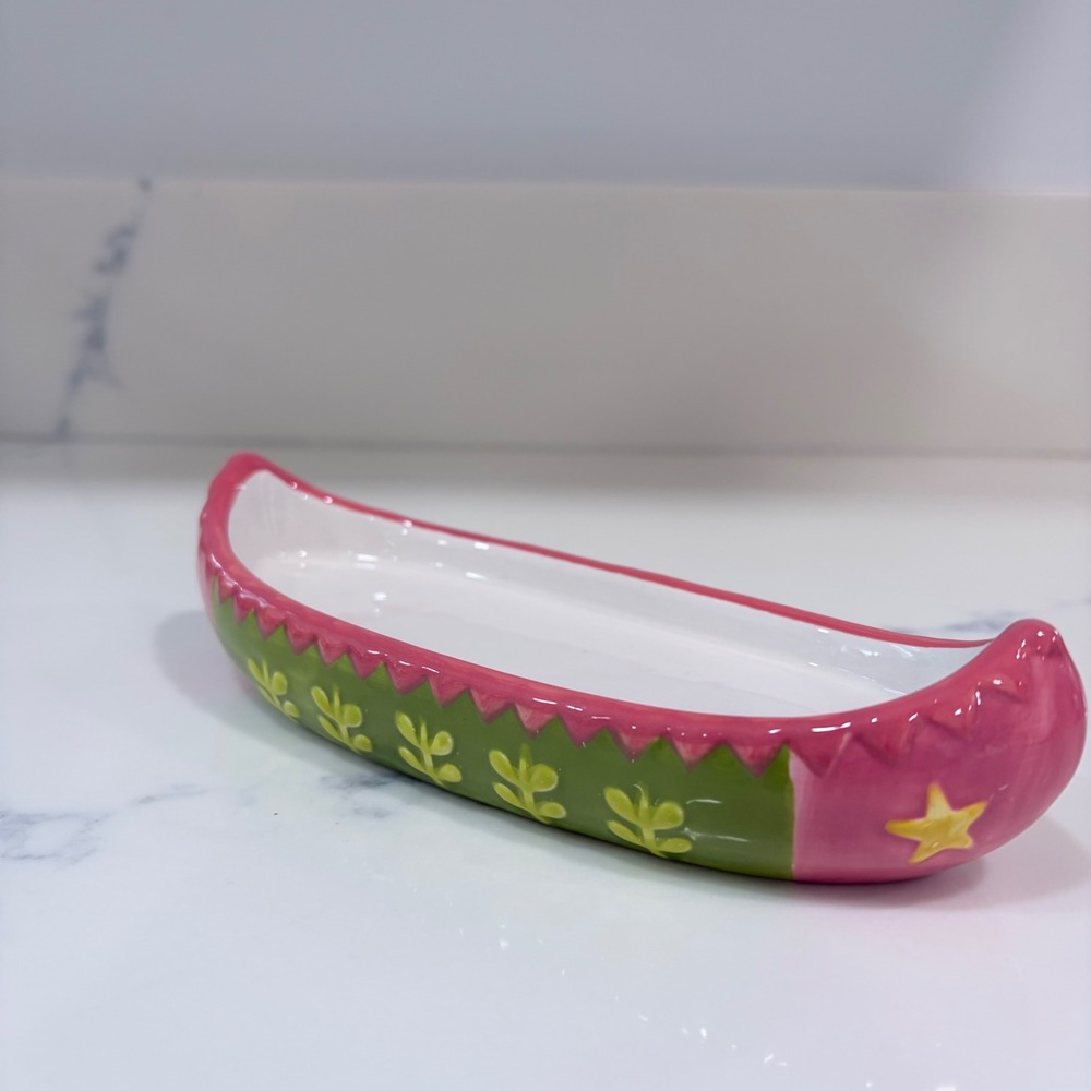 Ceramic Canoe Trinket Dish Pink Green Floral Star Hand Painted Jewelry Tray
